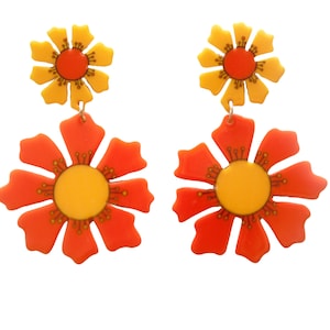 70s Orange Blooms Flower Earrings Groovy Retro Vintage Hippie Flower Power