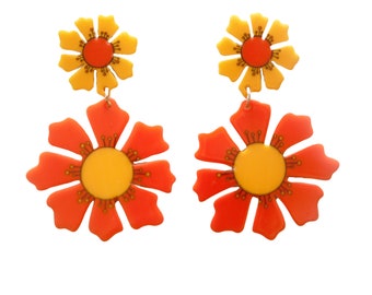 70s Orange Blooms Flower Earrings Groovy Retro Vintage Hippie Flower Power