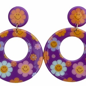 Purple Smiley Flower Power 60s Chunky Hoop Earrings Retro Boho Hippie Vintage 70s Colorful Playful