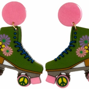 70s Retro Green Rainbow Flower Roller Derby Skate Earrings Groovy Hippie Boho Colorful Sports Hobby Gift