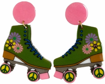 70s Retro Green Rainbow Flower Roller Derby Skate Earrings Groovy Hippie Boho Colorful Sports Hobby Gift