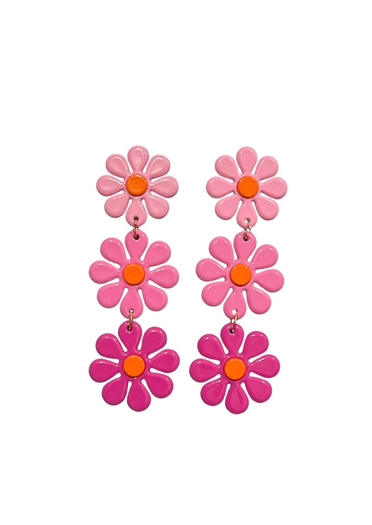 Retro Pink Daisy Chain Flower Earrings Hippie Retro Aesthetic Boho Colorful Fairy Whimsical 60s and 70s Style