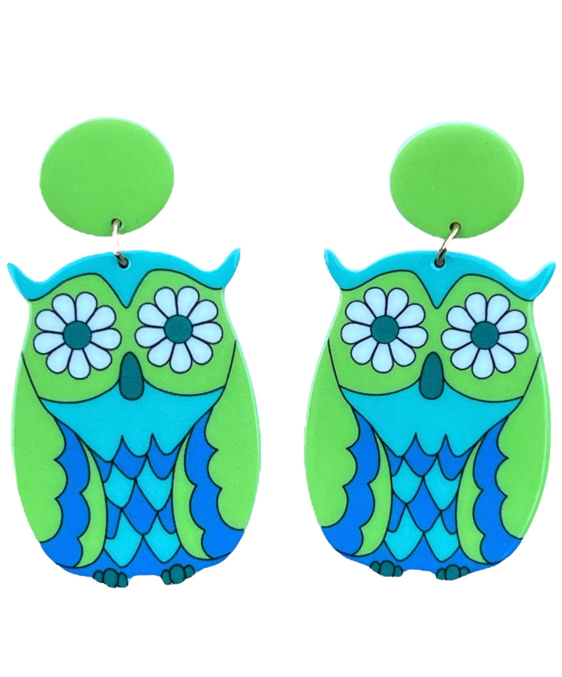 70s Hippie Flower Owl Earrings Retro Vintage Boho Colorful Animal Kitsch Funky 60s Style