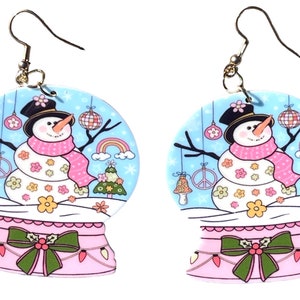 Groovy Snow Globes Retro Snowman Peace Disco & Flowers Christmas Holiday Festive Retro Winter Earrings