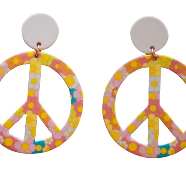 60s Peace and Love Flower Power Earrings Groovy Retro Vintage Hippie Hoops