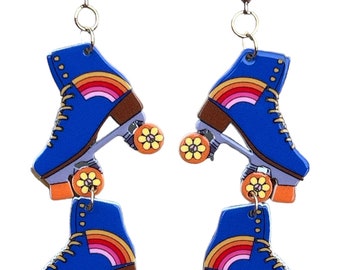 70s Retro Roller Derby Blue Skate Earrings Groovy Girl