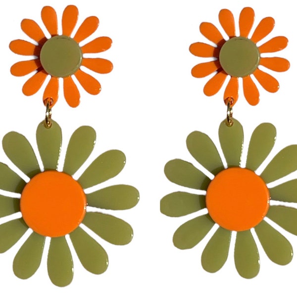 70s Green and Orange Groovy Flower Power Earrings Retro Hippie Boho