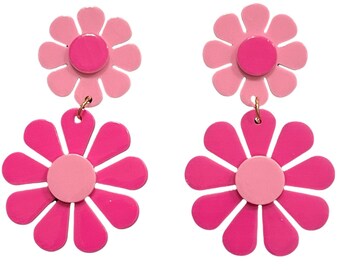 60s Hot Pink and Light Pink Flower Power Retro Earrings Hippie Retro Boho Doll Aesthetic