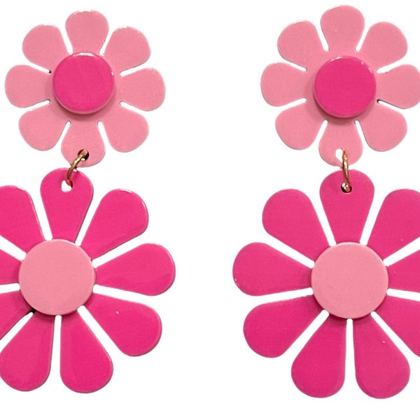 60s Hot Pink and Light Pink Flower Power Retro Earrings Hippie Retro Boho Doll Aesthetic