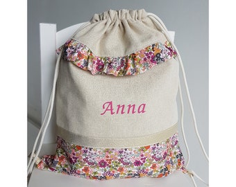 Customizable children&#39;s backpack, nursery bag, snack bag or blanket bag, brilliant beige cotton and pink liberty.