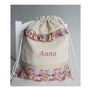 Sac à dos enfant personnalisable, sac de crèche, sac à gouter ou à doudou, beige scintillant et liberty rose.