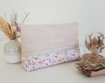 Grande pochette / trousse femme ou enfant personnalisable, rose pâle scintillant et liberty. Cadeau anniversaire, fête des mères.