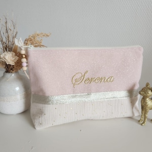 Grande pochette /trousse femme ou enfant personnalisable, rose pâle scintillant et gaze de coton écrue. Cadeau anniversaire, fête des mères.