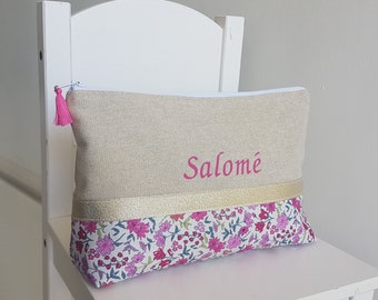 Grande pochette / trousse femme ou enfant personnalisable, beige scintillant et liberty rose. Cadeau anniversaire, fête des mères.