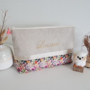 Grande pochette / trousse femme ou enfant personnalisable, beige scintillant et liberty orange. Cadeau anniversaire, fête des mères.