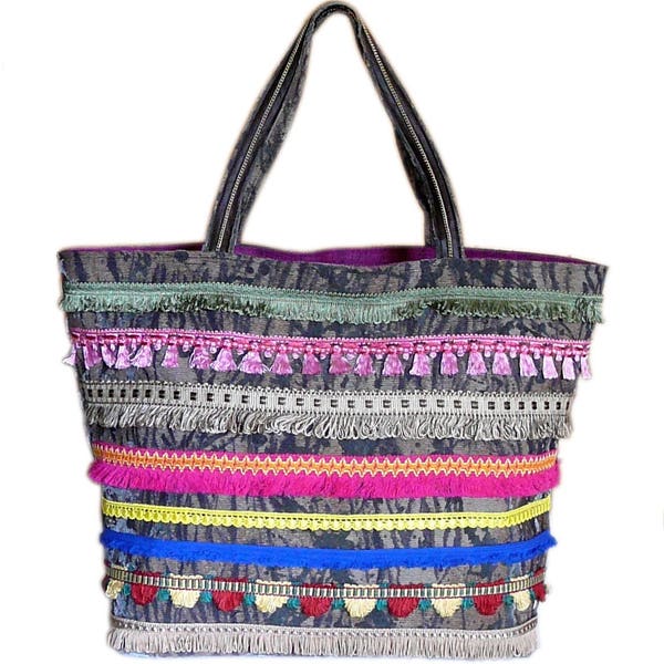 Grand sac cabas zippé style Navajo à franges et pompons multicolores, porté main ou épaule