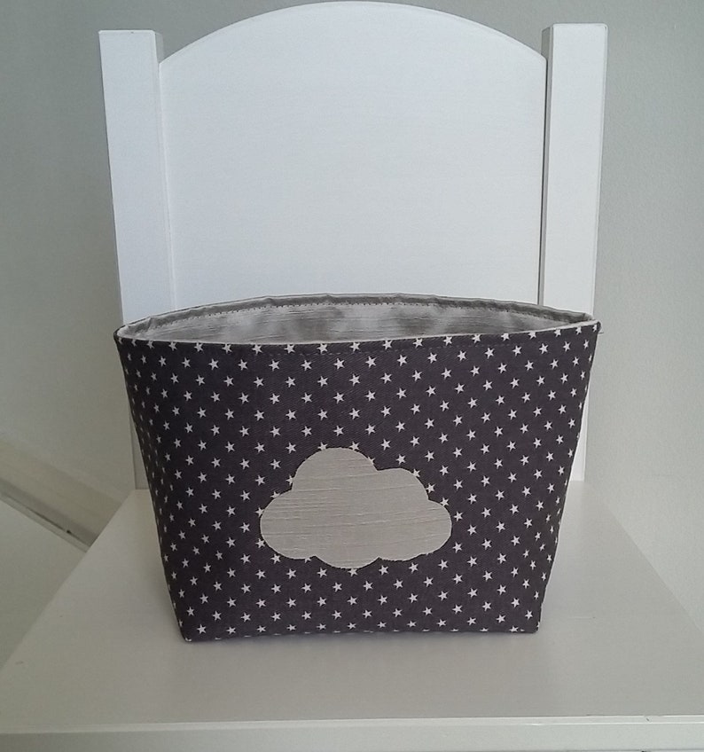 Little storage basket for baby room. Grey cotton and beige satin. Cloud pattern. image 1