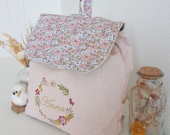 Sac à dos maternelle enfant brodé et personnalisable, cartable fille pour l'école, coton scintillant et liberty. Rentrée des classes