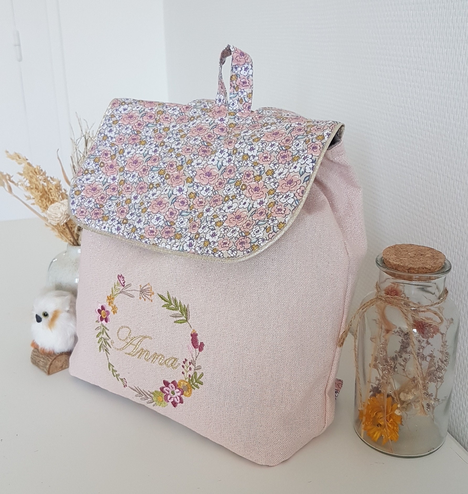 Embroidered and customizable nursery school backpack for girls, school bag for girls, glittery cotton and Liberty. Back to school