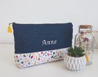 Big customizable purse / pouch for woman or children, liberty and dark blue jean.  Toiletry or cosmetic bag, mom gift.