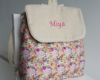 Customizable children&#39;s nursery backpack, school boy satchel, brilliant beige cotton and orange liberty. Back to school