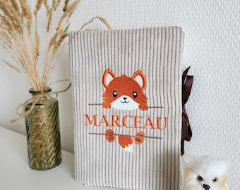 Protège carnet de santé brodé personnalisable, velours côtelé et broderie renard