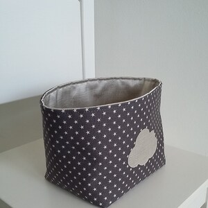 Little storage basket for baby room. Grey cotton and beige satin. Cloud pattern. image 2