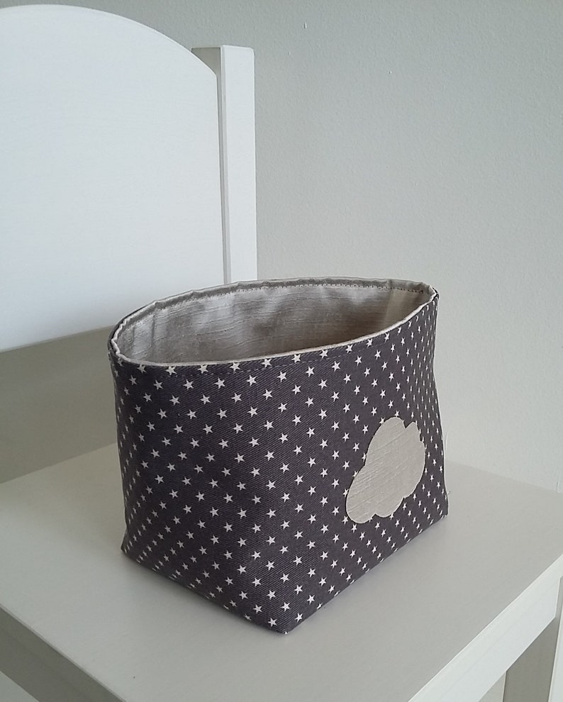 Little storage basket for baby room. Grey cotton and beige satin. Cloud pattern. image 2