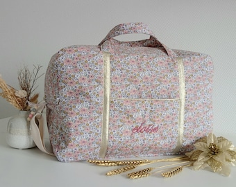 Customizable embroidered baby diaper bag, travel bag, old pink fleece liberty. Fabric maternity suitcase, weekend bag