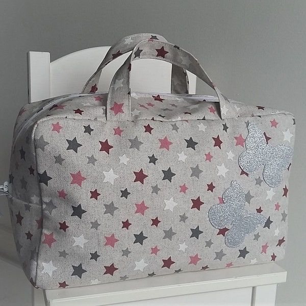 Woman or baby girl big toiletry / cosmetic bag, coated cotton with stars, silver sparkling butterflies. Storage bag, Baby travel bag.