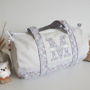 Customizable embroidered duffel bag, diaper bag, shimmering cotton and liberty. Sports bag, dance bag.
