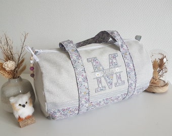 Customizable embroidered duffel bag, changing bag, sparkling cotton and liberty. Sports bag, dance bag.