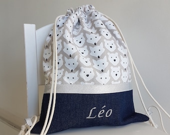 Customizable children&#39;s backpack, nursery bag, snack bag or blanket bag, jean and animal patterns.