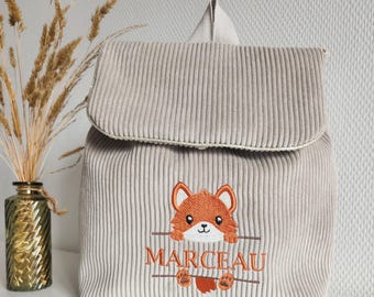 Children&#39;s nursery school backpack in velvet, embroidered and customizable, school bag, fox embroidery. Back to school