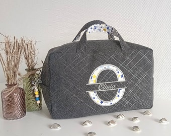 Suitcase, mixed customizable embroidered toiletry bag, gray and silver. Birth gift, birthday, Christmas.