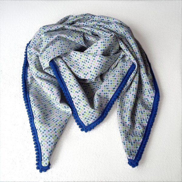 Foulard/étole/bandana carré pour bébé/enfant en coton à pois bordé de galon à pompons bleu roy