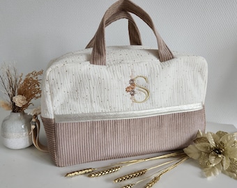 Bolso cambiador personalizable, de gasa de algodón color crudo y pana beige. Bolso de viaje, bolso de fin de semana.