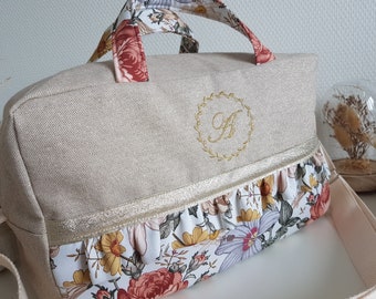 Mini diaper bag, travel bag, walking bag, sports bag. Shimmering beige cotton and large flowers. Mother's Day, Birthday Gift.