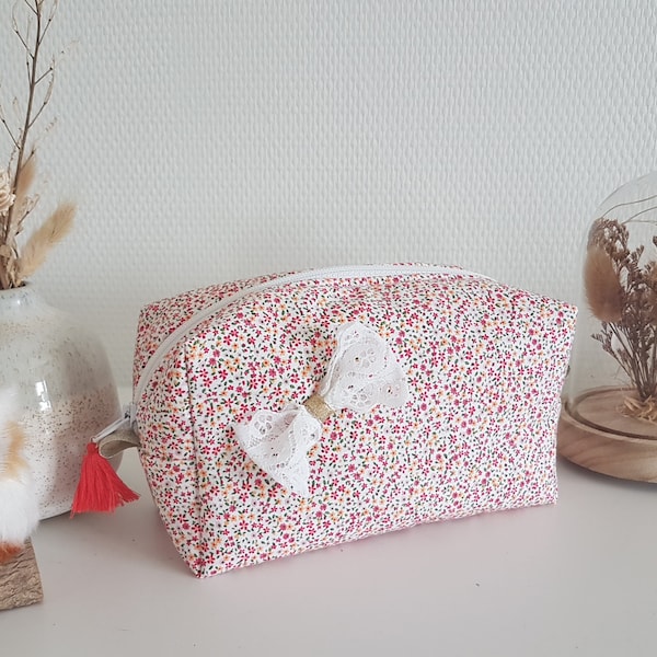 Woman or baby cosmetic bag, travel purse, toiletry pouch, fuchsia and orange mini flowers. Birthday gift. Baptism gift.