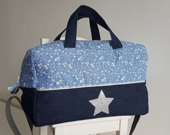 Baby customizable diaper bag, travel bag, liberty and dark blue jean. Baby fabric briefcase, storage bag, weekender bag.
