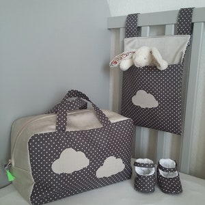 Little storage basket for baby room. Grey cotton and beige satin. Cloud pattern. image 5