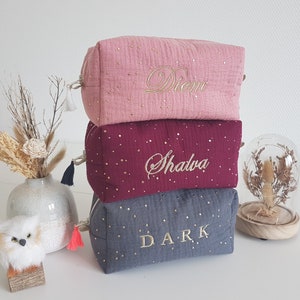Trousse personnalisable à maquillage, de voyage, pochette, trousse de toilette, double gaze de coton à pois dorés . Cadeau d'aniversaire,