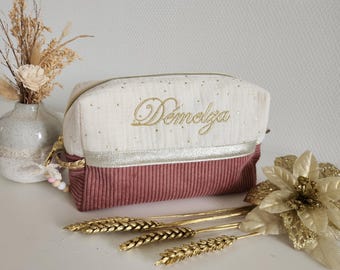Embroidered women or children toiletry bag, cotton gauze and velvet. Birth gift, birthday, Mother's Day