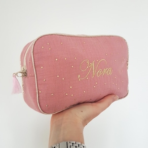 Trousse personnalisable de voyage, trousse à maquillage, trousse de toilette, double gaze de coton. Cadeau de Noël.