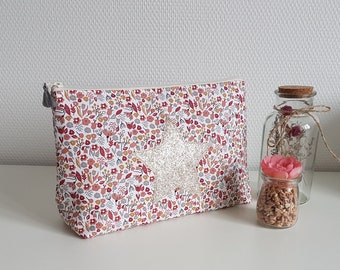 Big purse / pouch for woman or children, red liberty cotton, big golden star. Toiletry or cosmetic bag, Baby shower gift, mom gift.