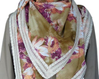 Large scarf/scarf/shawl woman square beige cotton with large flowers, edged with Ecru lace. Mothers day gift.