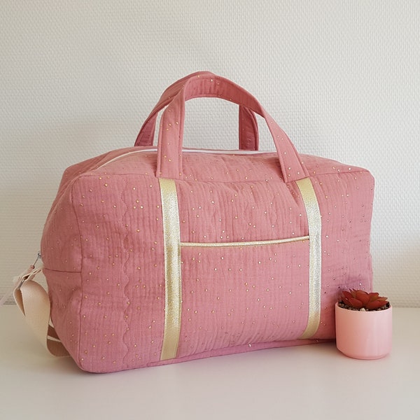 Baby customizable diaper bag, travel bag, tea pink fleeced double cotton gauze with golden dots. Baby fabric storage bag, weekender bag.