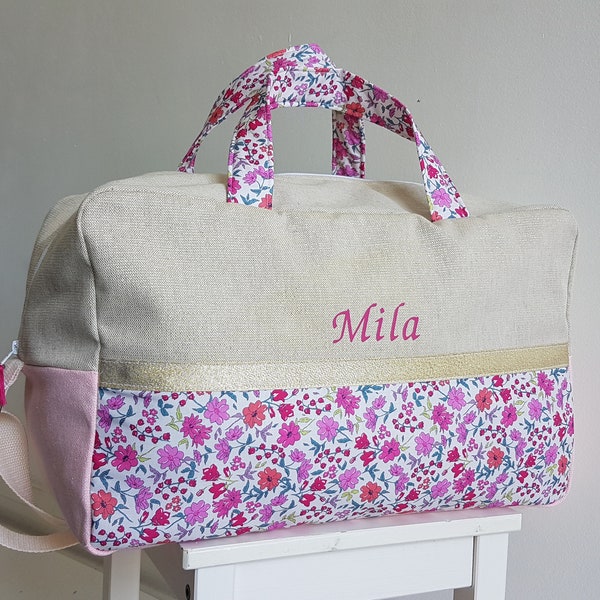 Baby customizable diaper bag, travel bag, brilliant beige cotton and pink liberty, Baby fabric briefcase, storage bag, weekender bag.