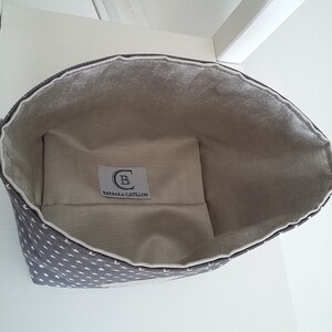 Little storage basket for baby room. Grey cotton and beige satin. Cloud pattern. image 3