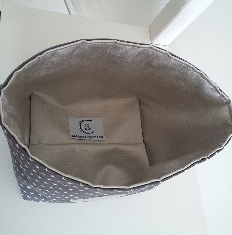 Little storage basket for baby room. Grey cotton and beige satin. Cloud pattern. image 3